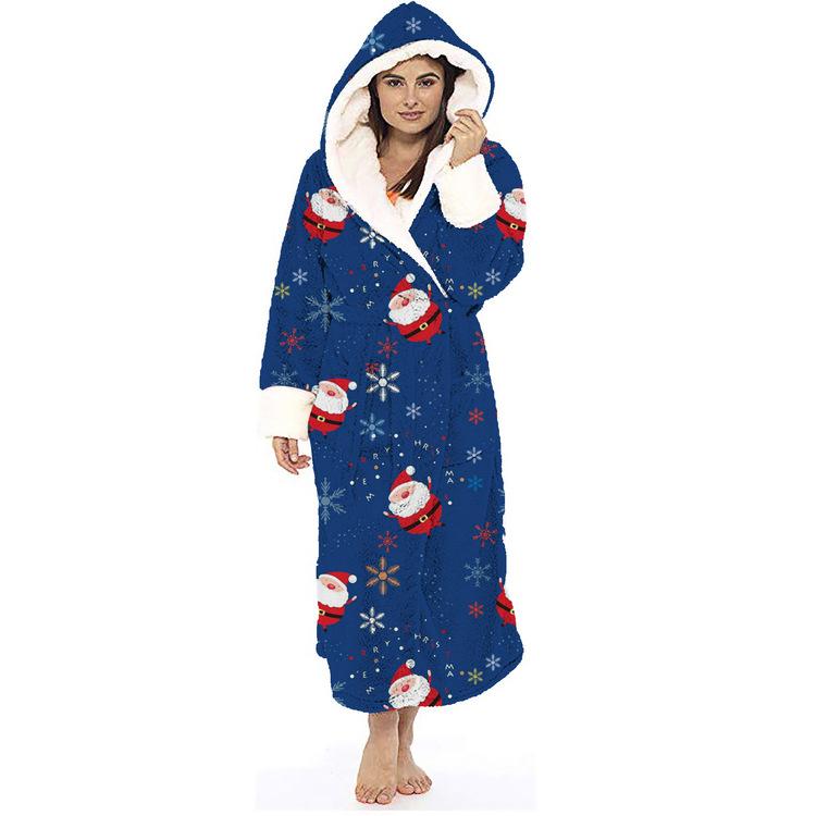 Buy Christmas Printed Long Sleeve Hooded Dressing Gown Ladies Warm Bathrobe Fleece Lined Fluffy