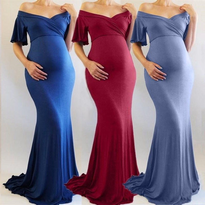 Women Maternity Ruffle Baby Shower Dress V Neck FloorLength Dresses