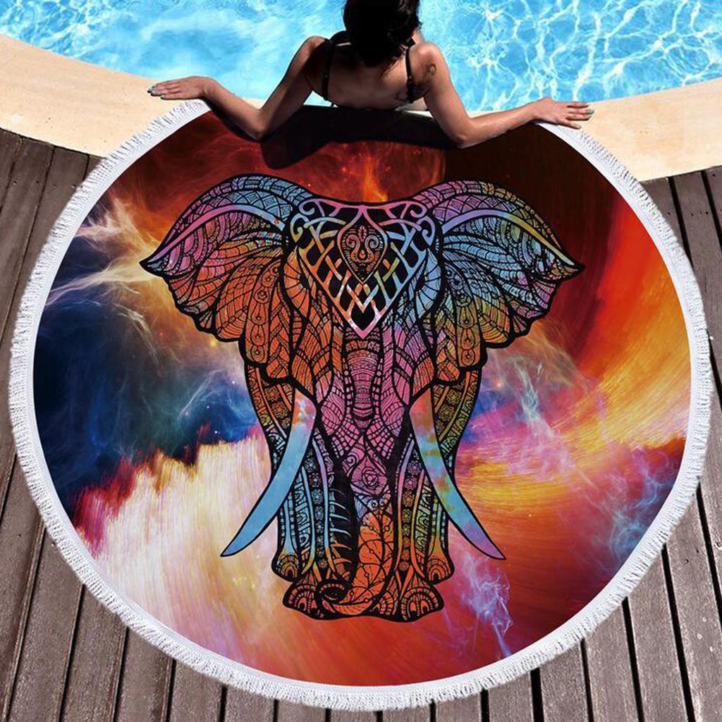 Colorful Beach Towel Yoga Mat Elephant Head Round Microfiber Fringed
