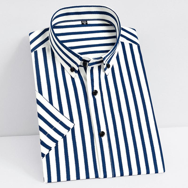 Cheap Short Sleeve Strech Striped Shirts for Men Summer Soft Business Mens Dress Shirt Casual