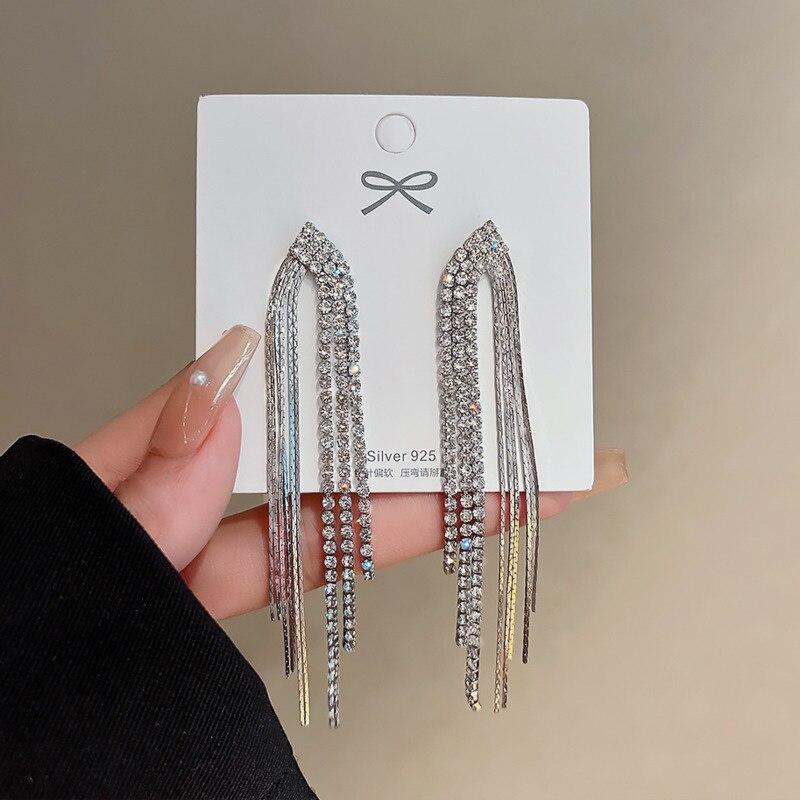 Cheap Korean Fashion Rhinestone Crystal Long Tassel Earring For Women