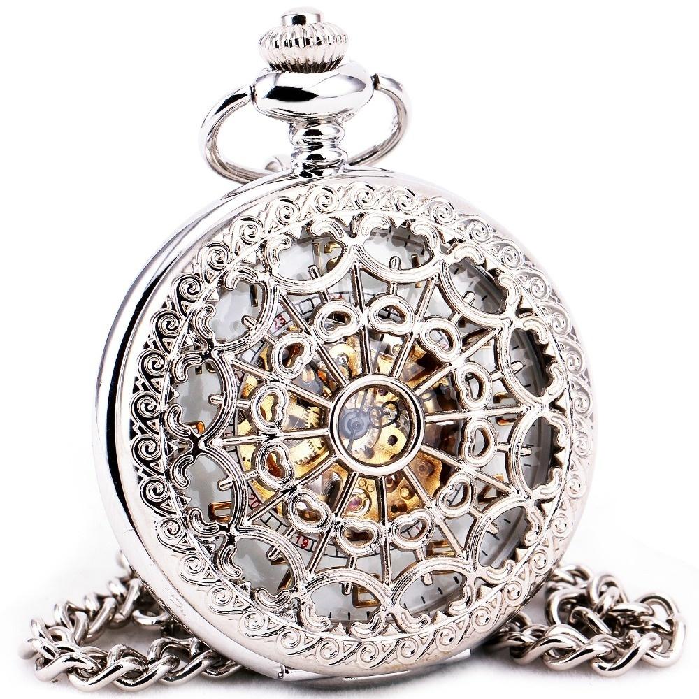Buy Delicate Silver Stainless Steel Unisex Baroque Luminous Automatic Mechanical Pocket Watch