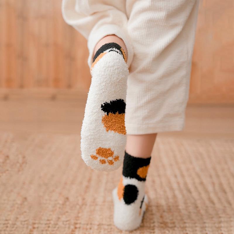 Cheap Women Winter Socks Cute Cat Paw Print Thick Warm Fluffy Fleeces
