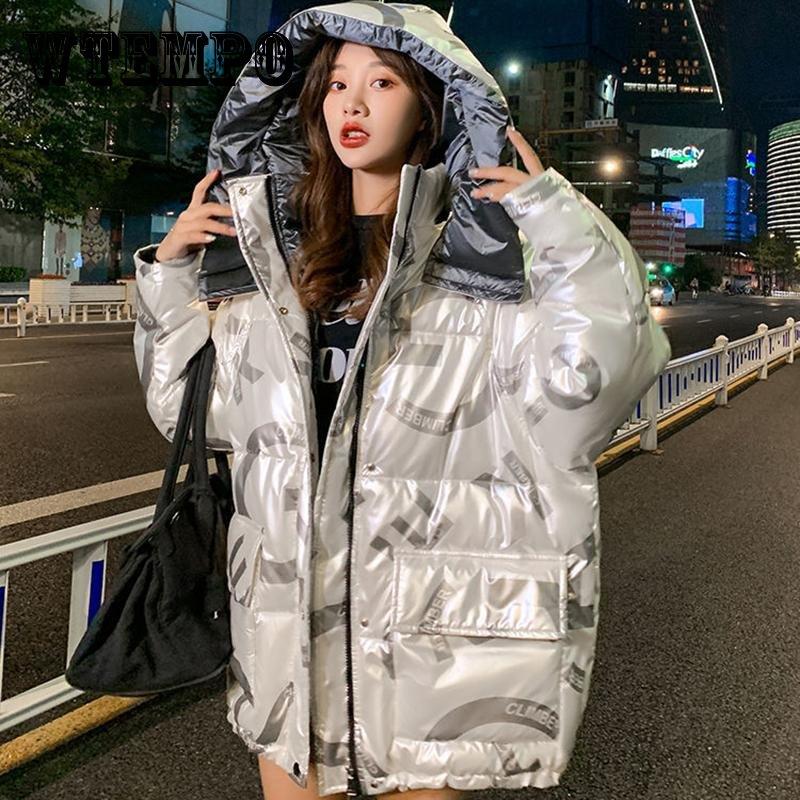 Cheap Women's Bright Print Short Down Jacket Winter Korean Loose Quilted Jacket Casual Standup