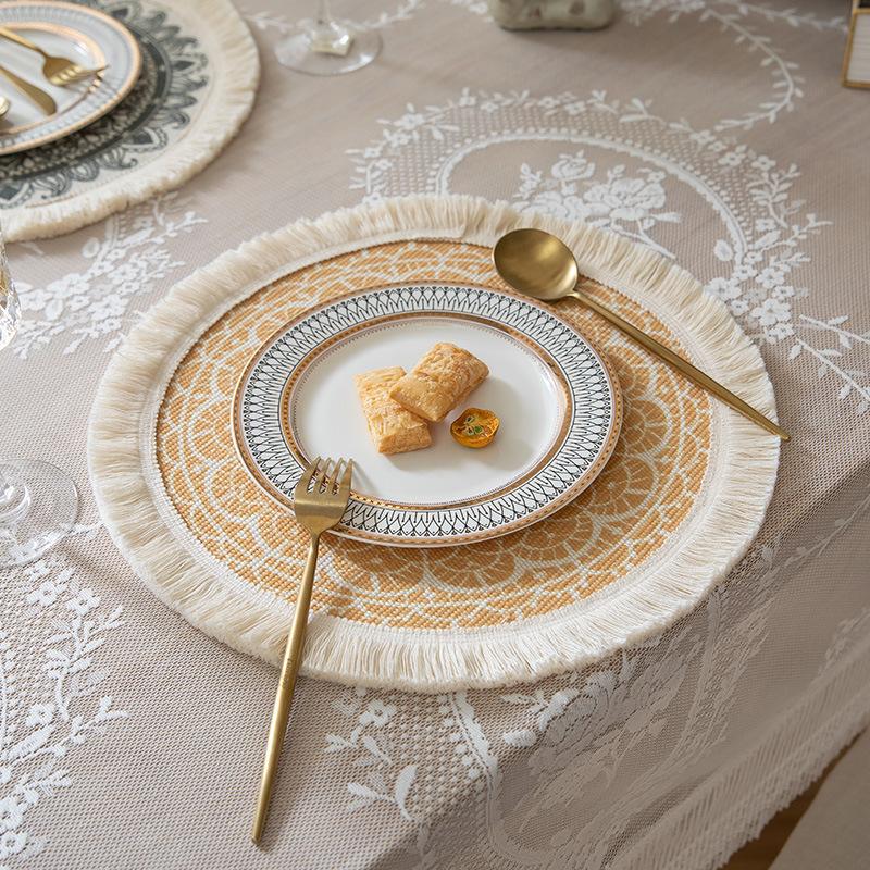 Buy Nordic Cotton Rope Woven Table Mat Printed Tassel Insulation Pad