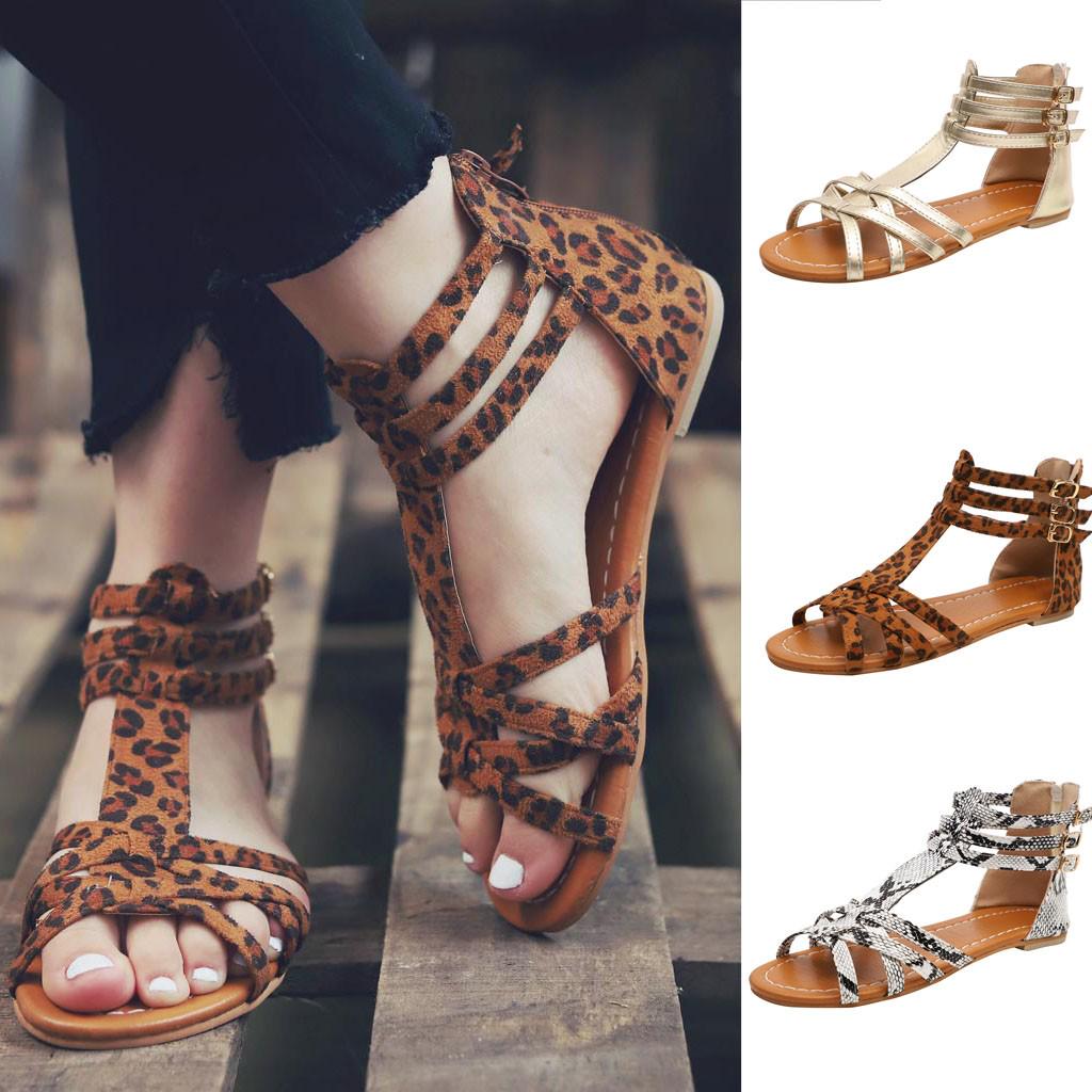 Buy Women Summer Sandals Buckle Strap Flat Leopard Retro Peep Toe