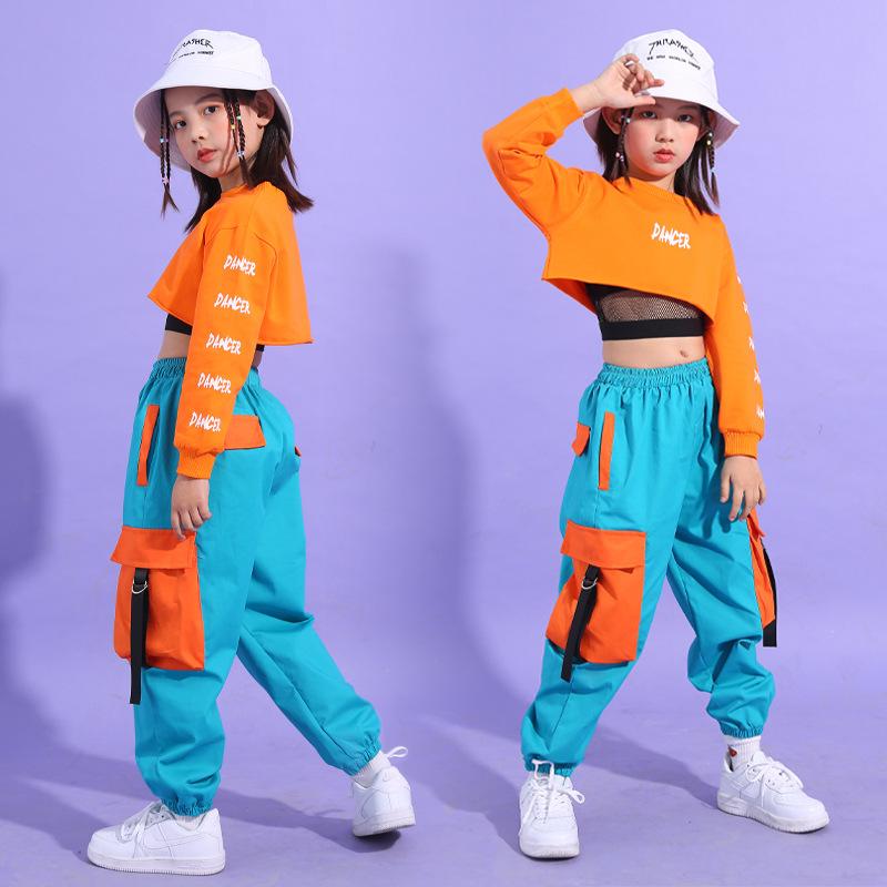 Cheap Hip Hop Girls Crop Top Contrast Cargo Pants Boys Sweatshirt