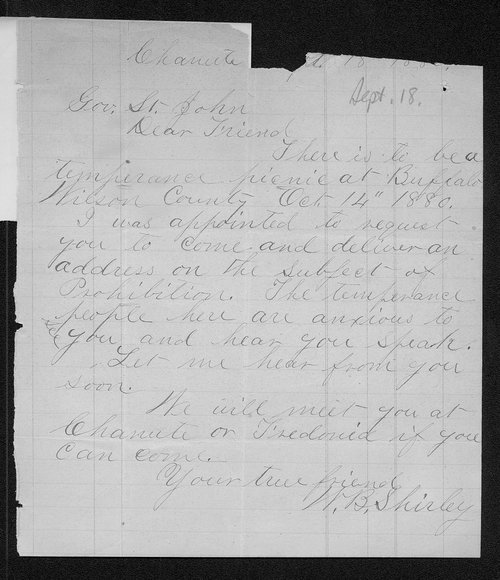 W. B. Shirley to Governor John St. John Kansas Memory Kansas