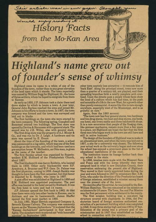 Highland University historical facts of Highland, Kansas Kansas