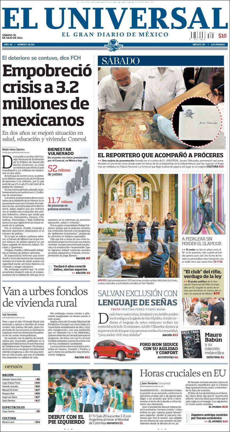 Newspaper El Universal (Mexico). Newspapers in Mexico. Saturday's