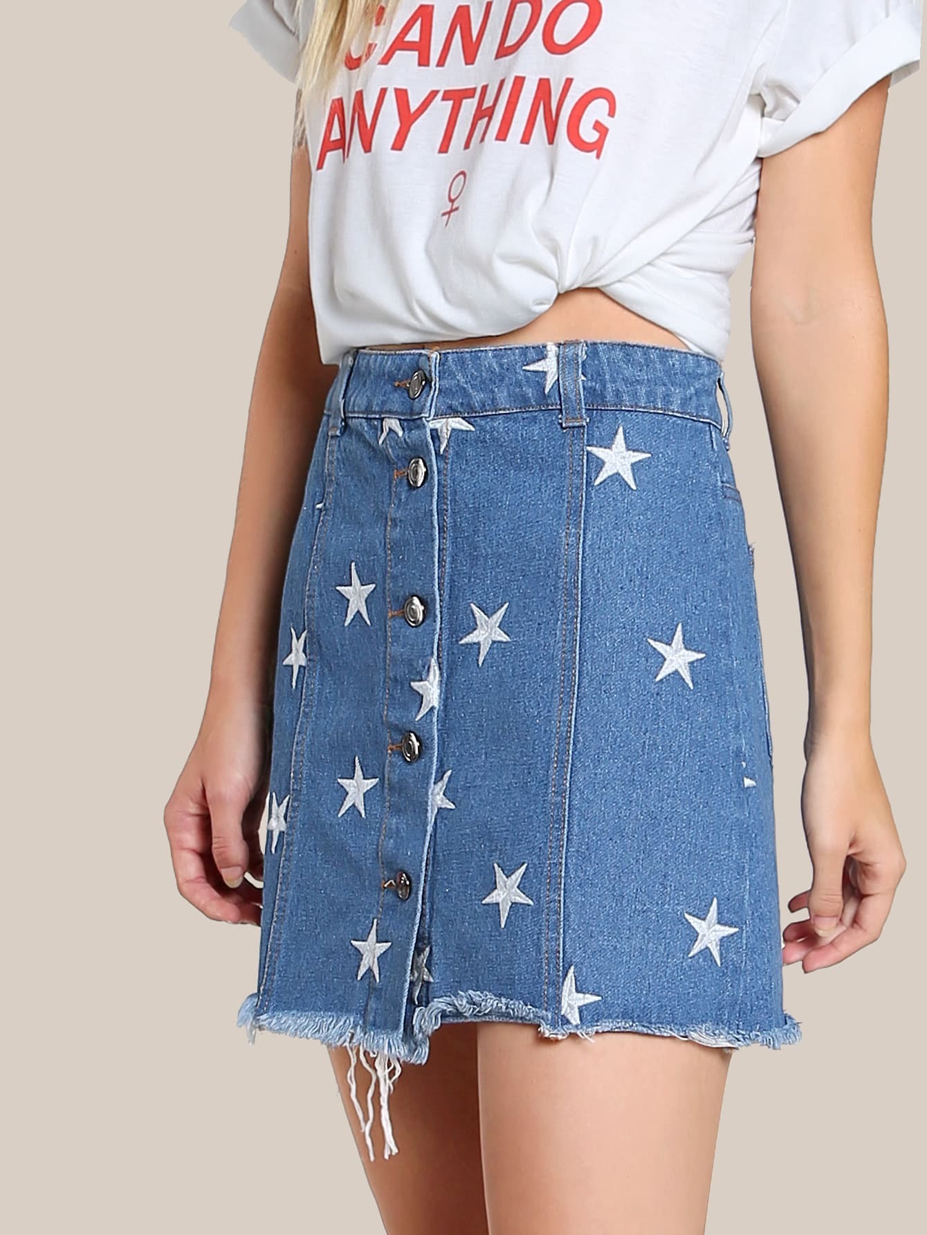 Star Embroidered Denim Skirt DENIM