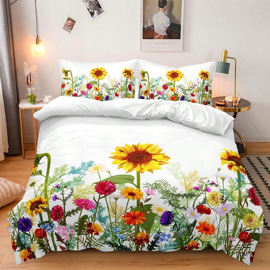 2/3Pcs 3D Sunflowers Print Duvet Cover Set White Color Bedding Set Twin