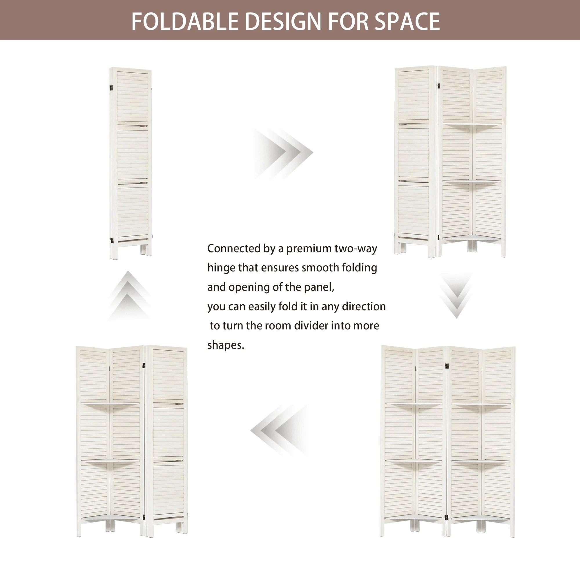 Versatile 4Panel White Room Divider With Shelves Portable Wooden