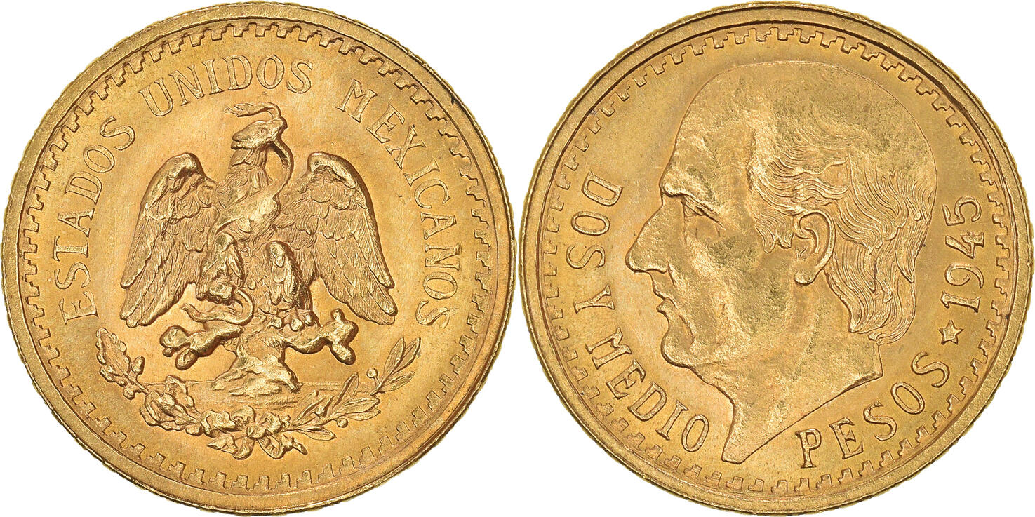 21/2 Pesos 1945 Mexico City Coin, Mexico City, Gold, KM463 MS(6062