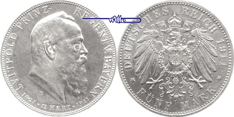 Bayern 5 Mark 1911 D Luitpold Prinzregent, 18861912, zum 90.Geb. und