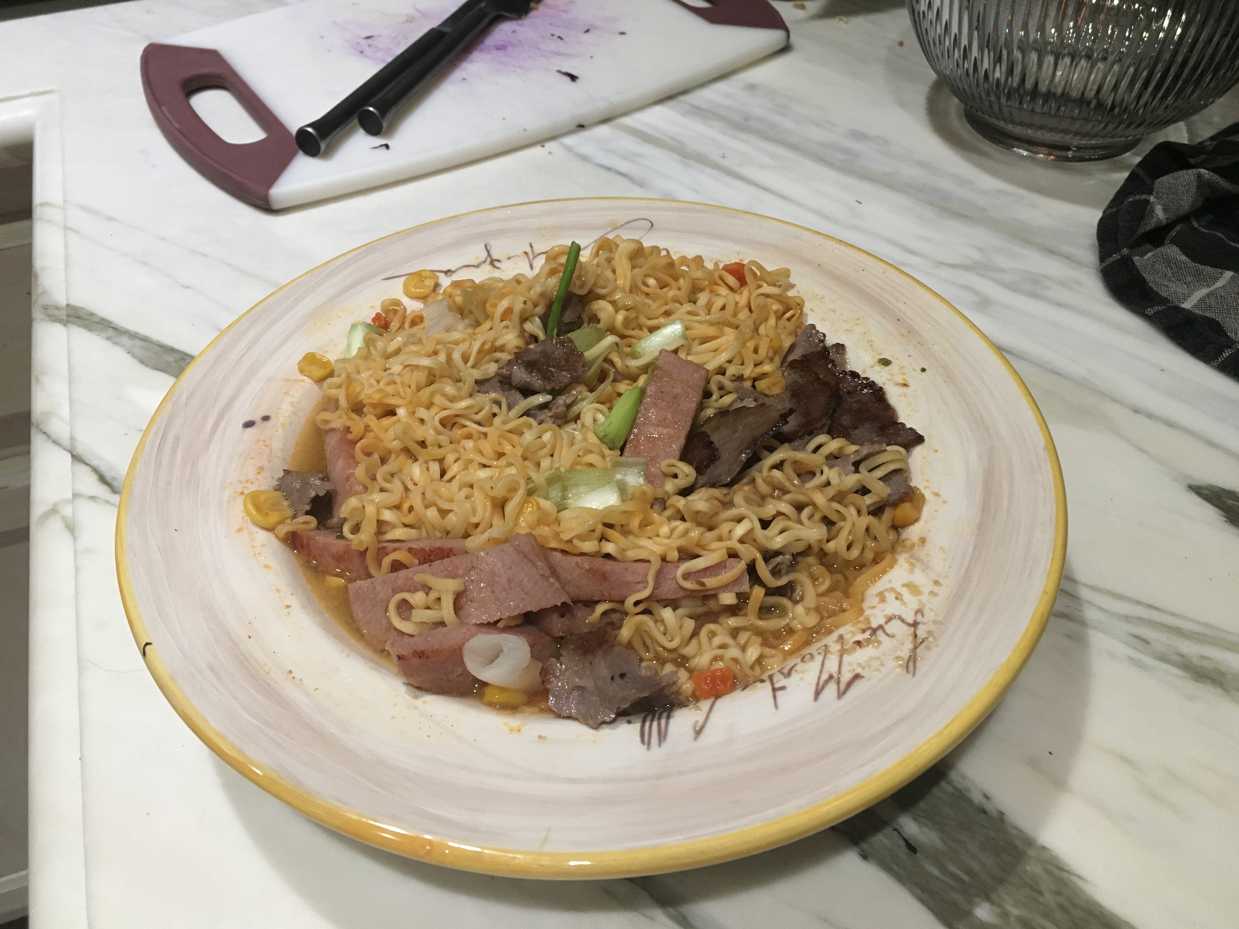 Maruchan ramen with Spam and roast beef. / myLot