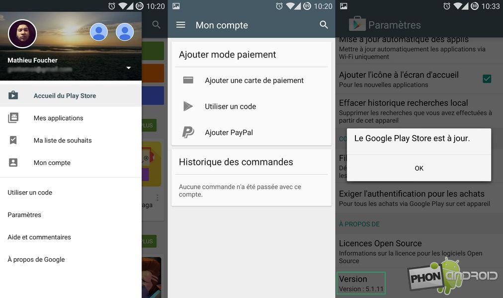 Google Play Store 5.1.11 la gestion de votre compte est