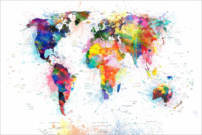 Bekim Mehovic Weltkarte politisches Aquarell Poster online bestellen