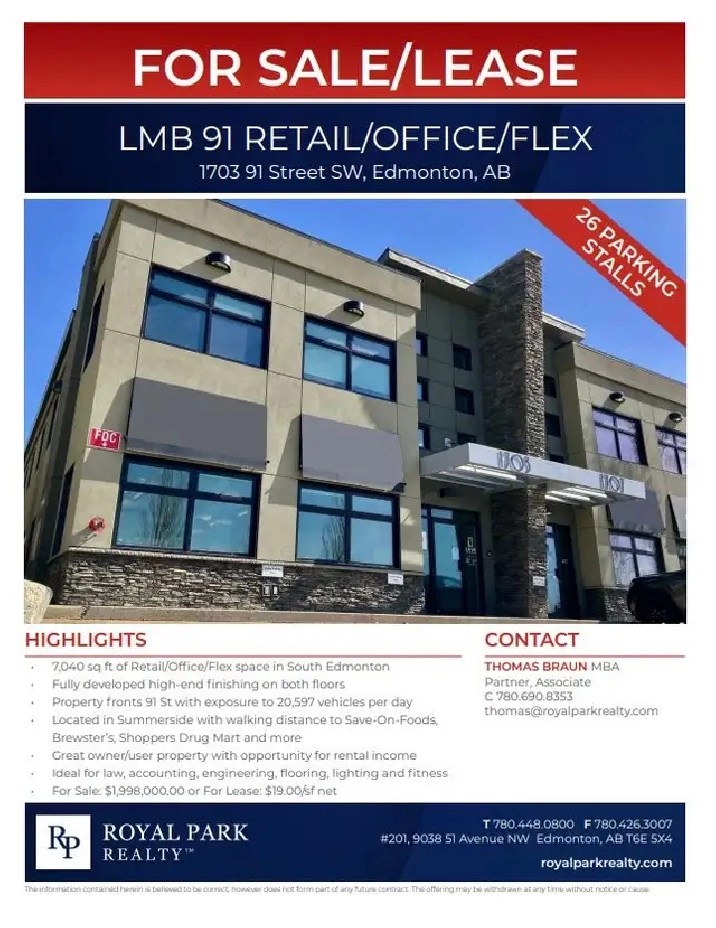LMB 91 RETAIL/OFFICE FLEX FOR SALE OR LEASE in Edmonton,AB Commercial