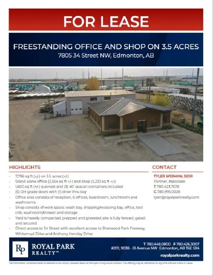 FREESTANDING OFFICE AND SHOP ON 3.5 ACRES FOR LEASE in Edmonton,AB