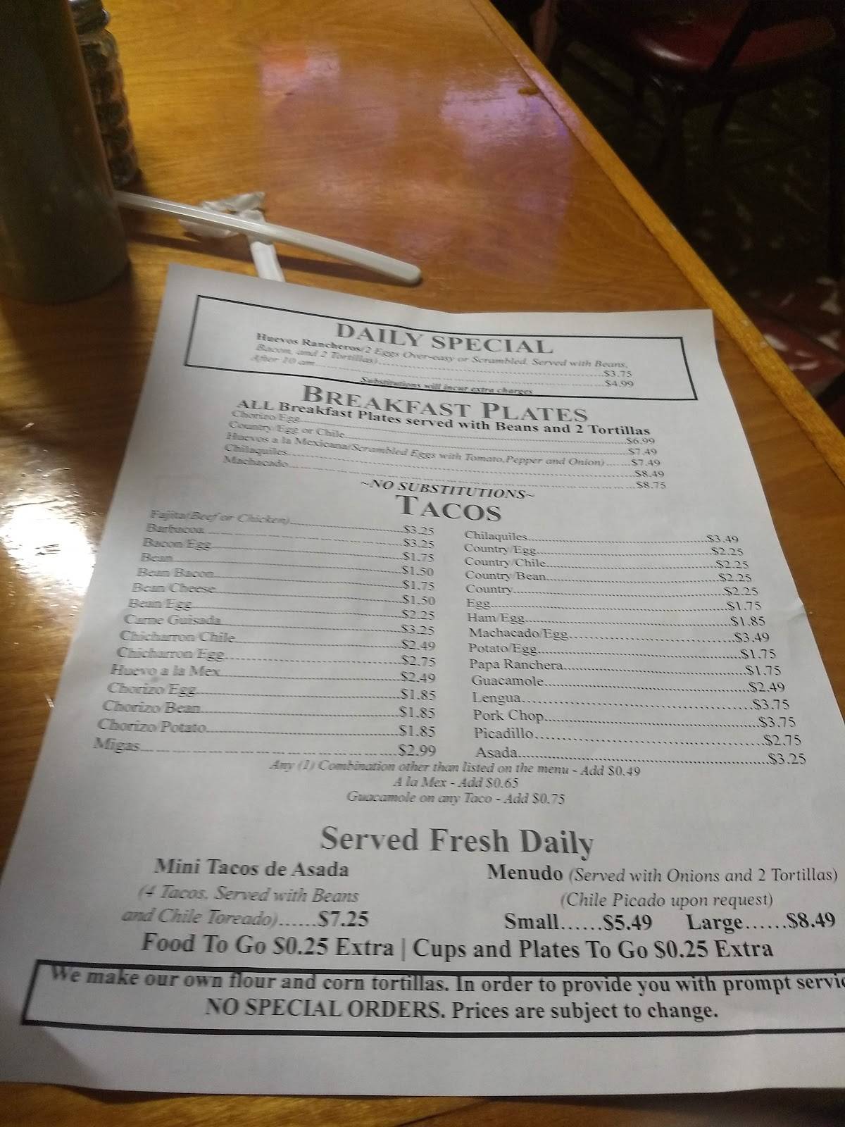 Menu at Tacos El Rey restaurant, San Antonio, Castroville Rd