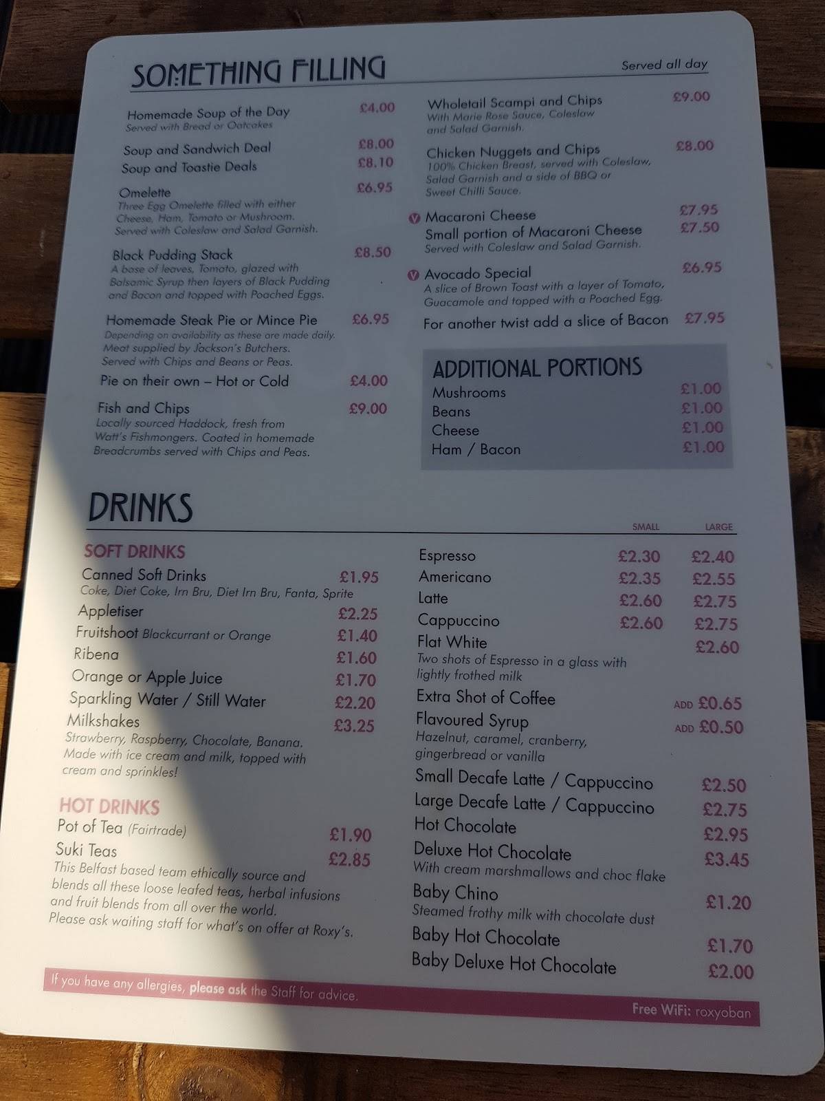 Menu at Roxy's Coffee & Tea House cafe, Oban