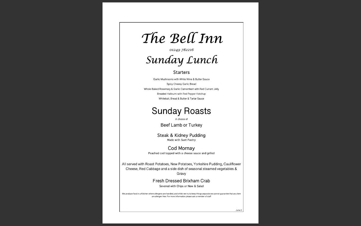 Menu at The Bell Inn pub & bar, Yatton Keynell, High Street