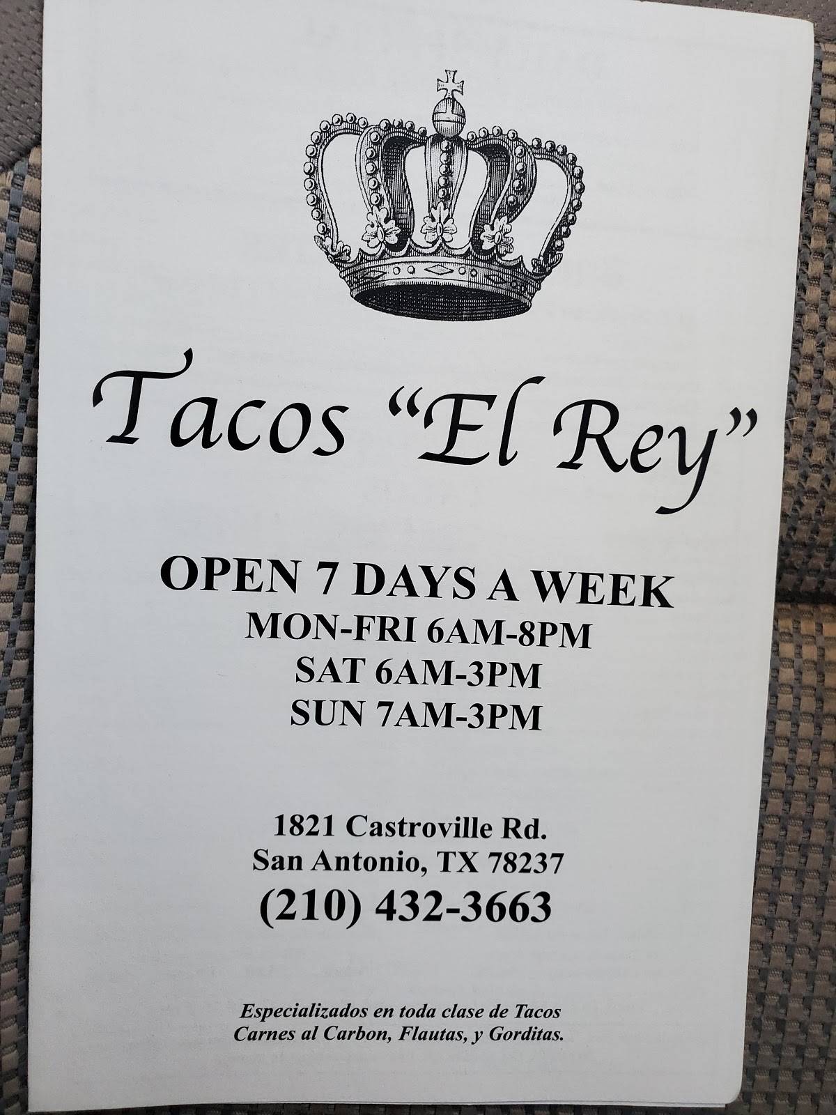 Menu at Tacos El Rey restaurant, San Antonio, Castroville Rd