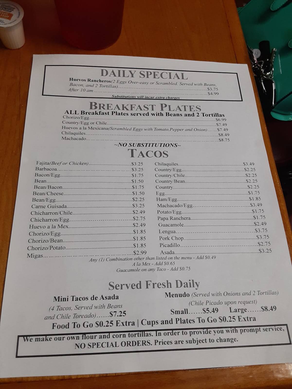 Menu at Tacos El Rey restaurant, San Antonio, Castroville Rd