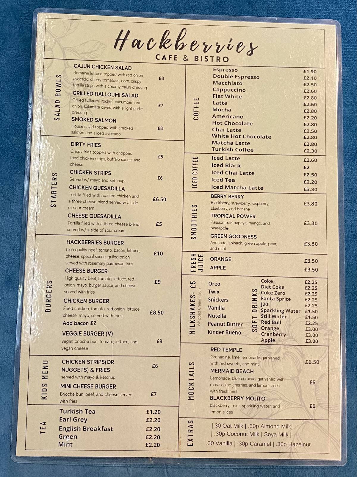 Menu at Hackberries cafe, Waltham Cross
