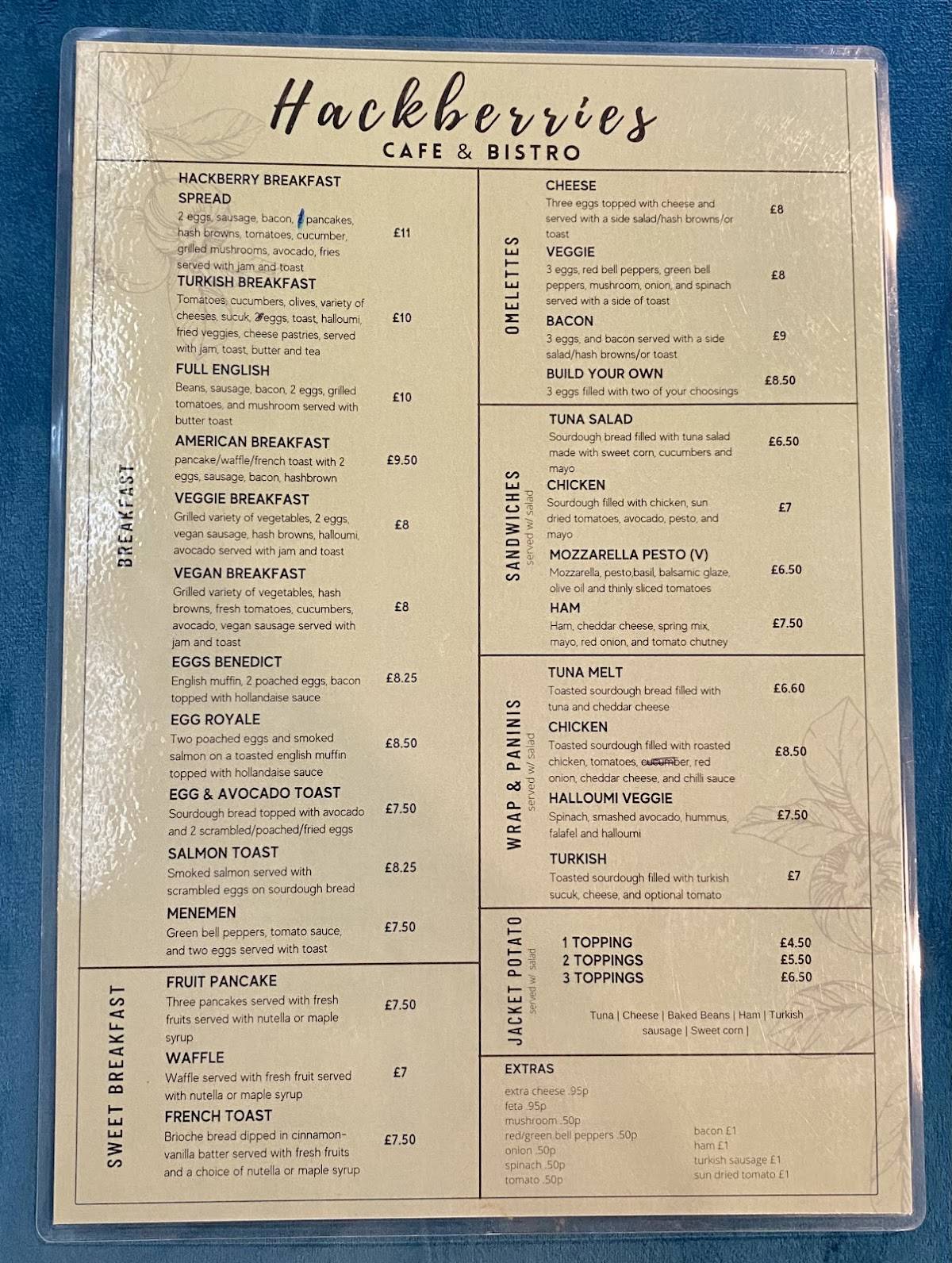 Menu at Hackberries cafe, Waltham Cross