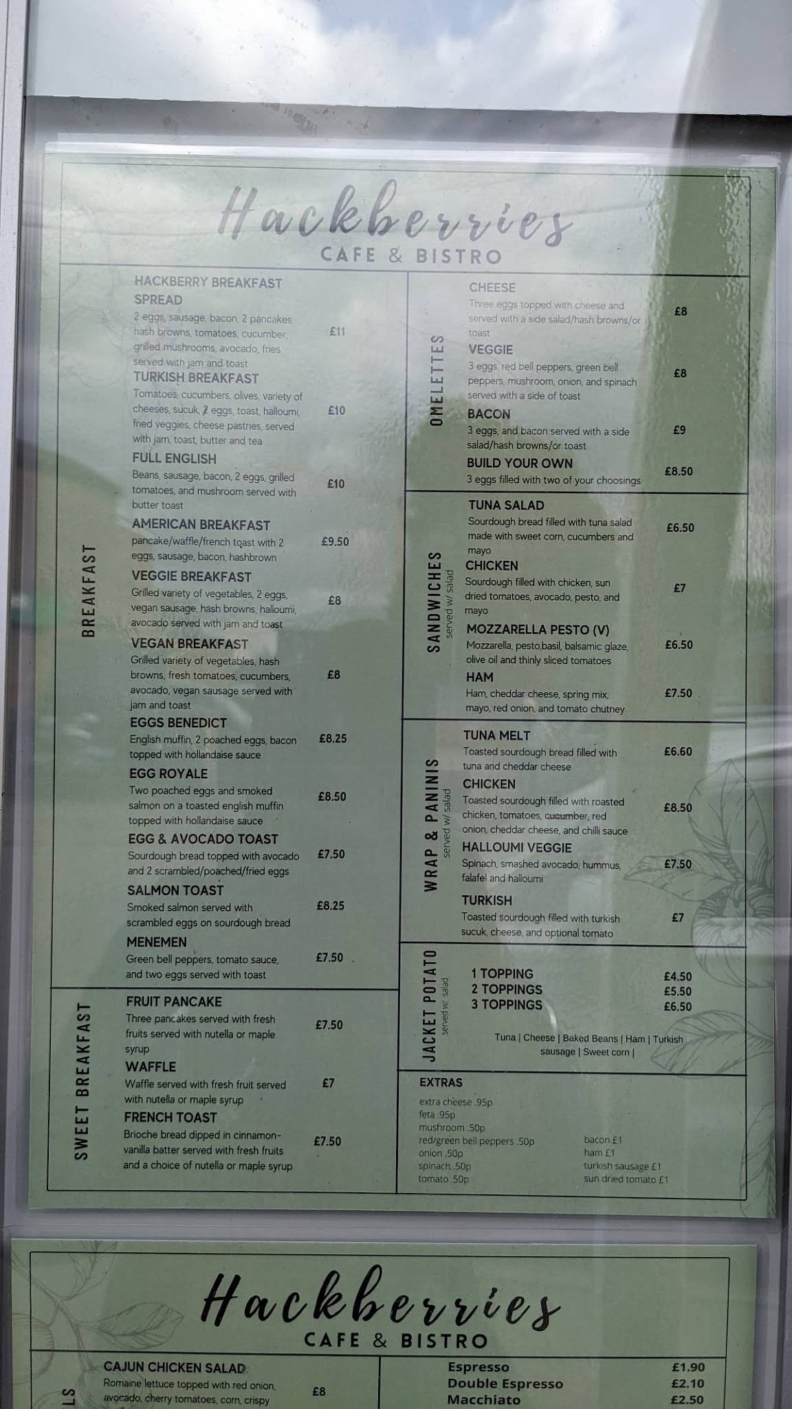 Menu at Hackberries cafe, Waltham Cross