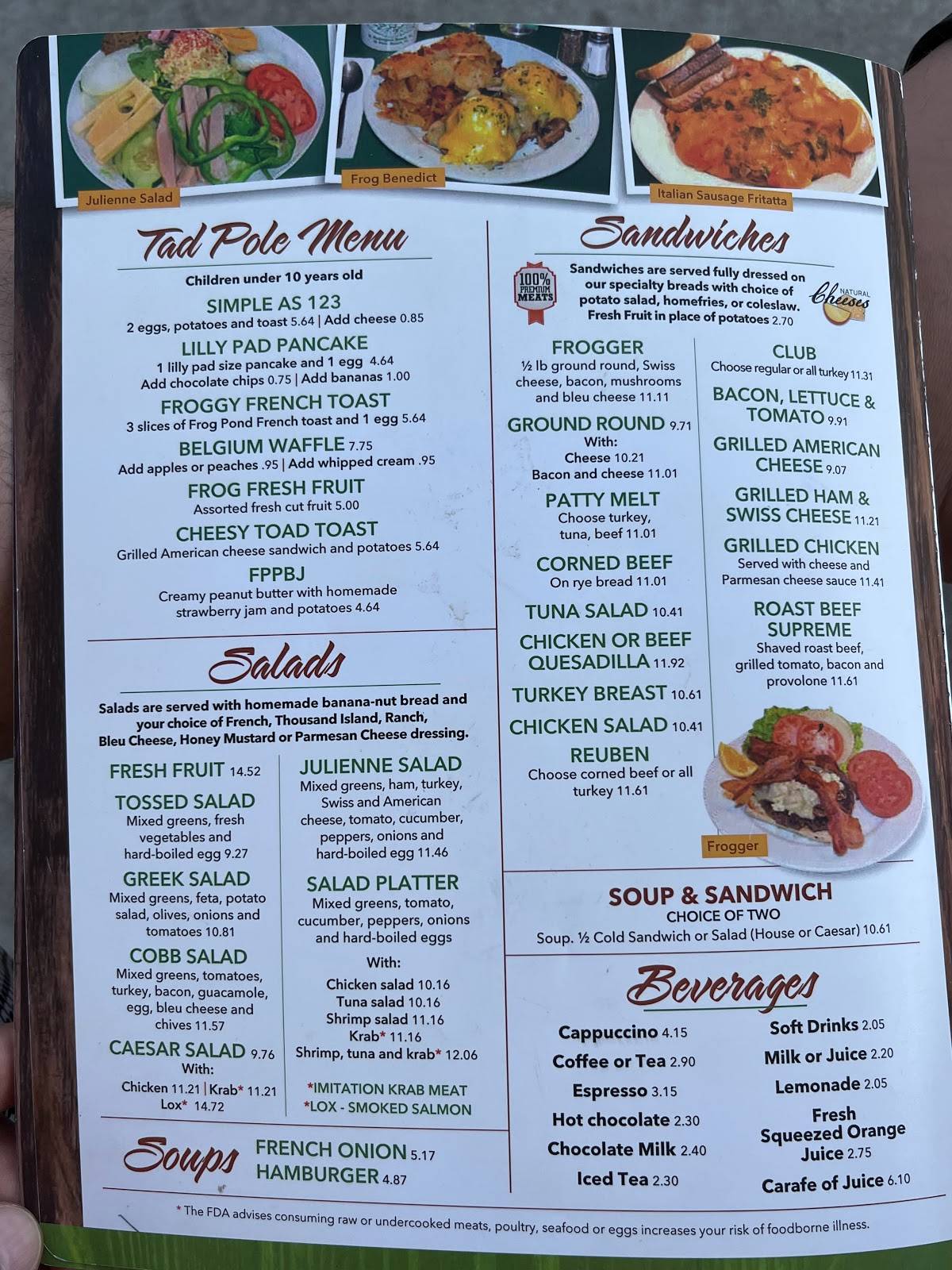 Menu at Frog Pond restaurant, Saint Pete Beach
