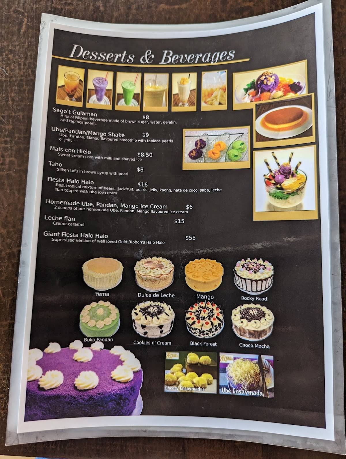 Menu at Gold Ribbon restaurant, Auckland