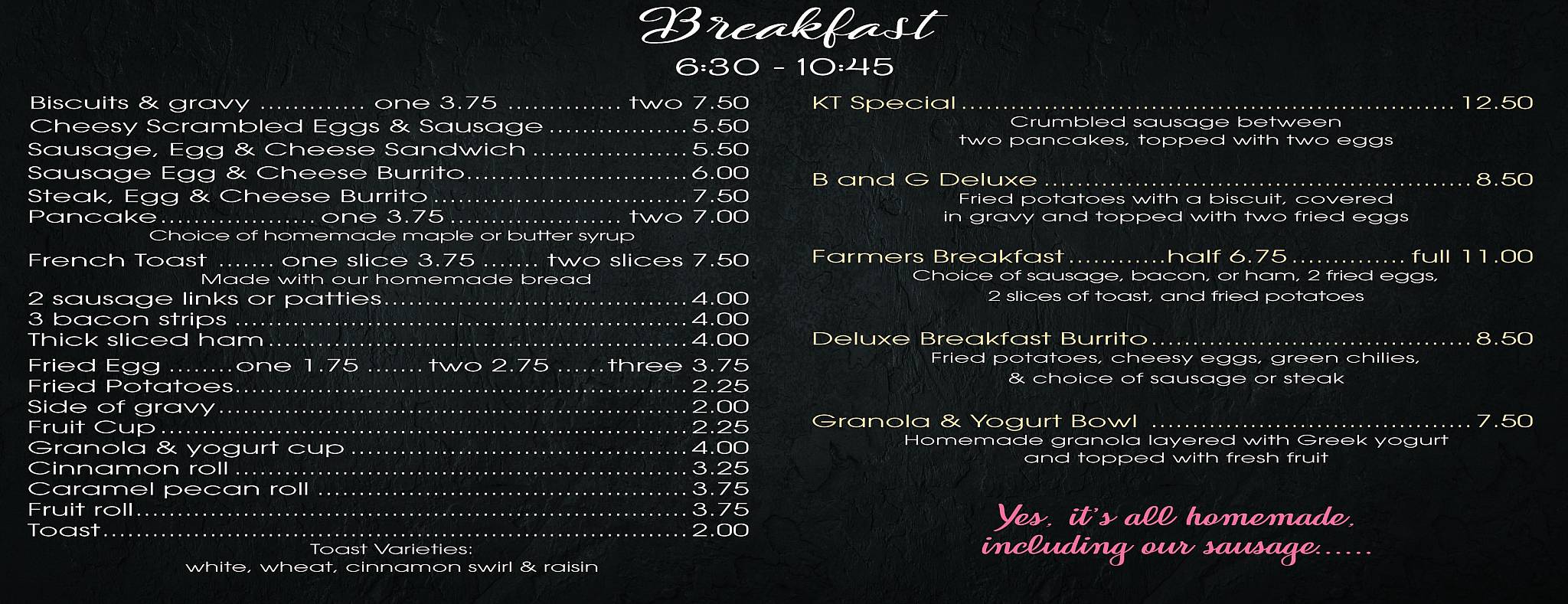 Menu at The Kitchen Table restaurant, Fredonia