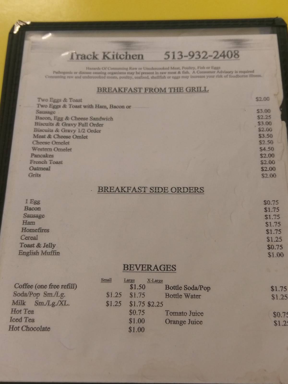 Menu at Track Kitchen restaurant, Lebanon