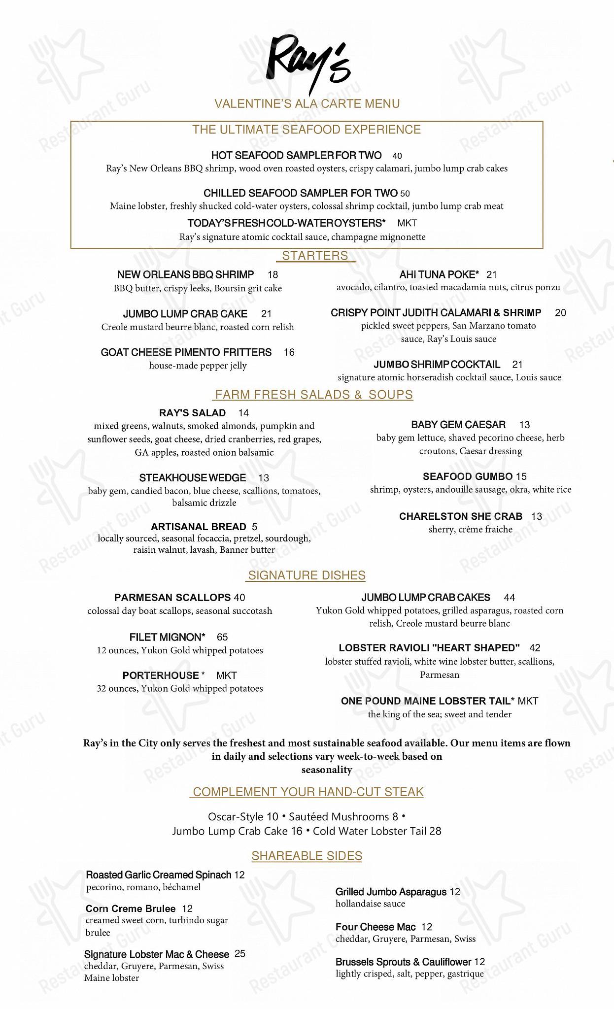 Menu at Ray's In the City restaurant, Atlanta, 240 Peachtree St