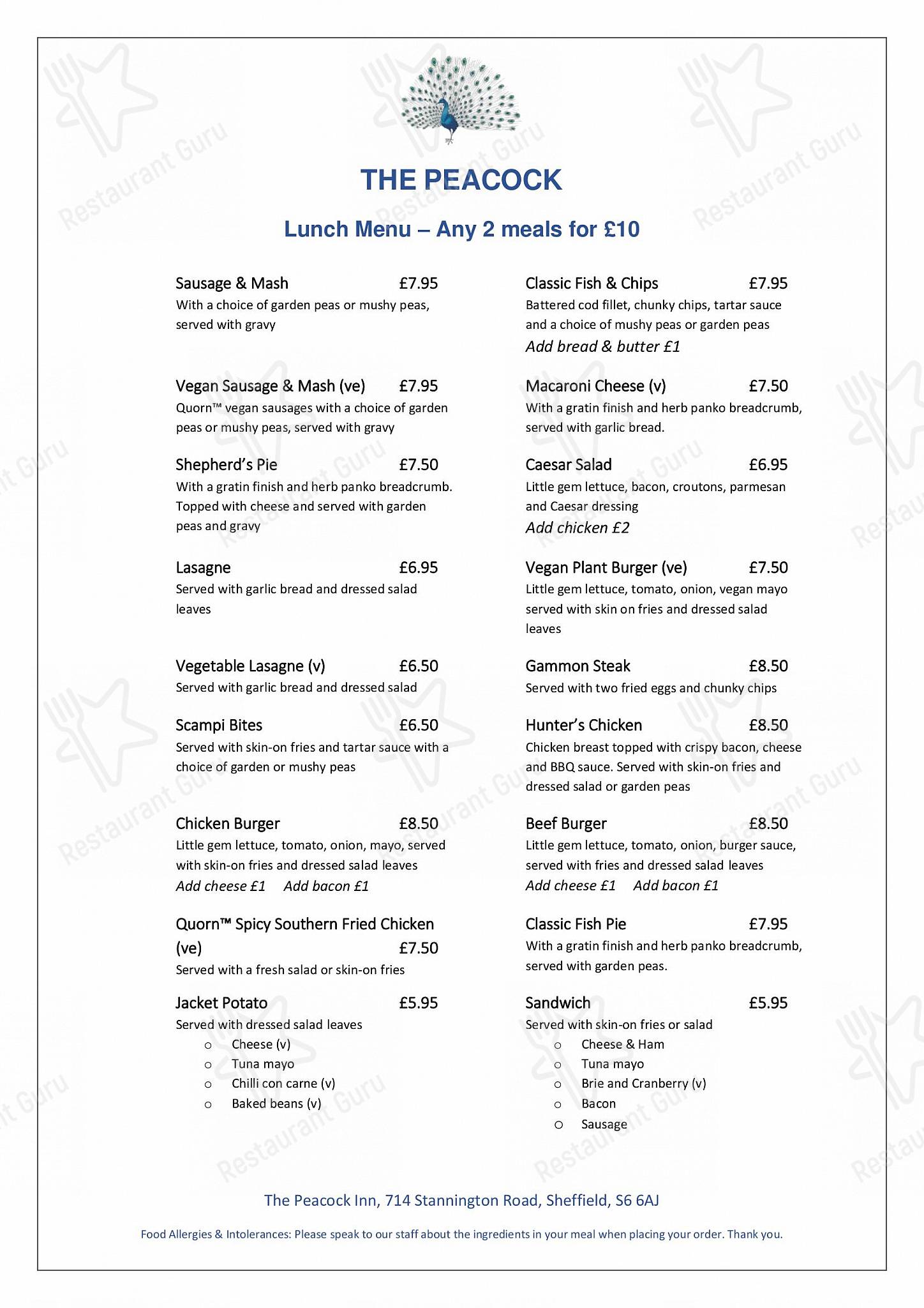 Menu at The Peacock Stannington pub & bar, Sheffield, 714 Stannington Rd
