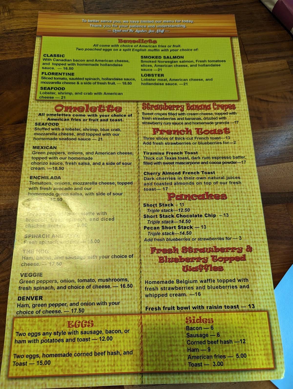 Menu at Lumber Inn restaurant, Delafield