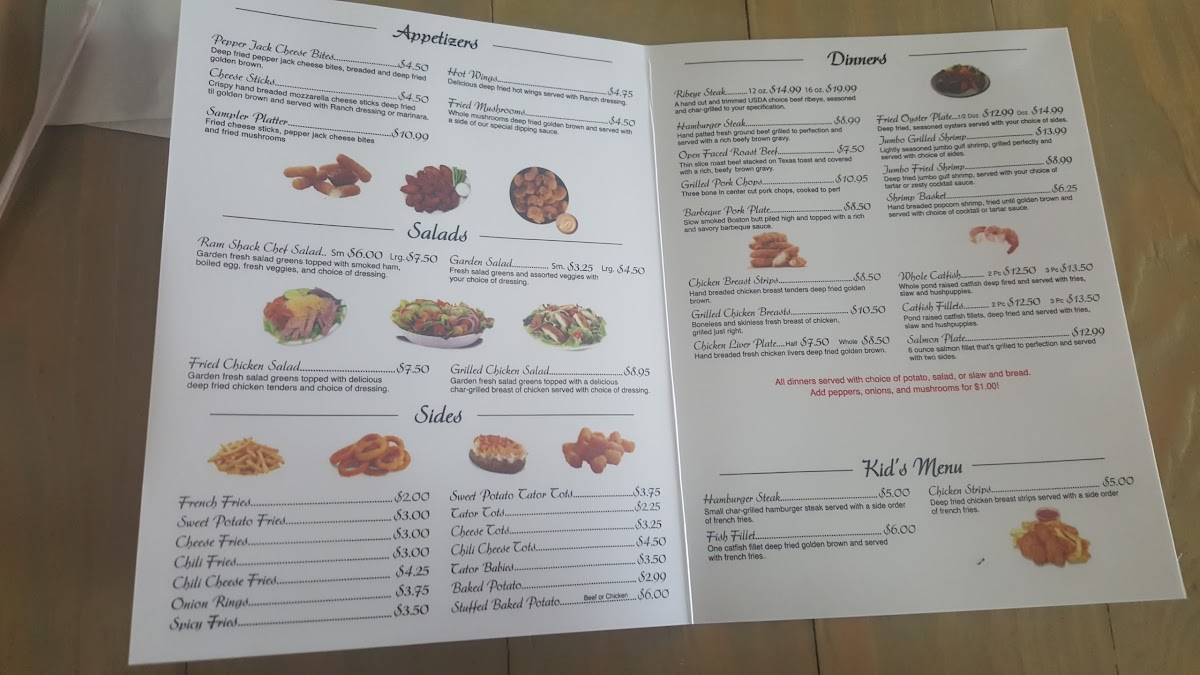 Menu at Ram Shack restaurant, Vardaman
