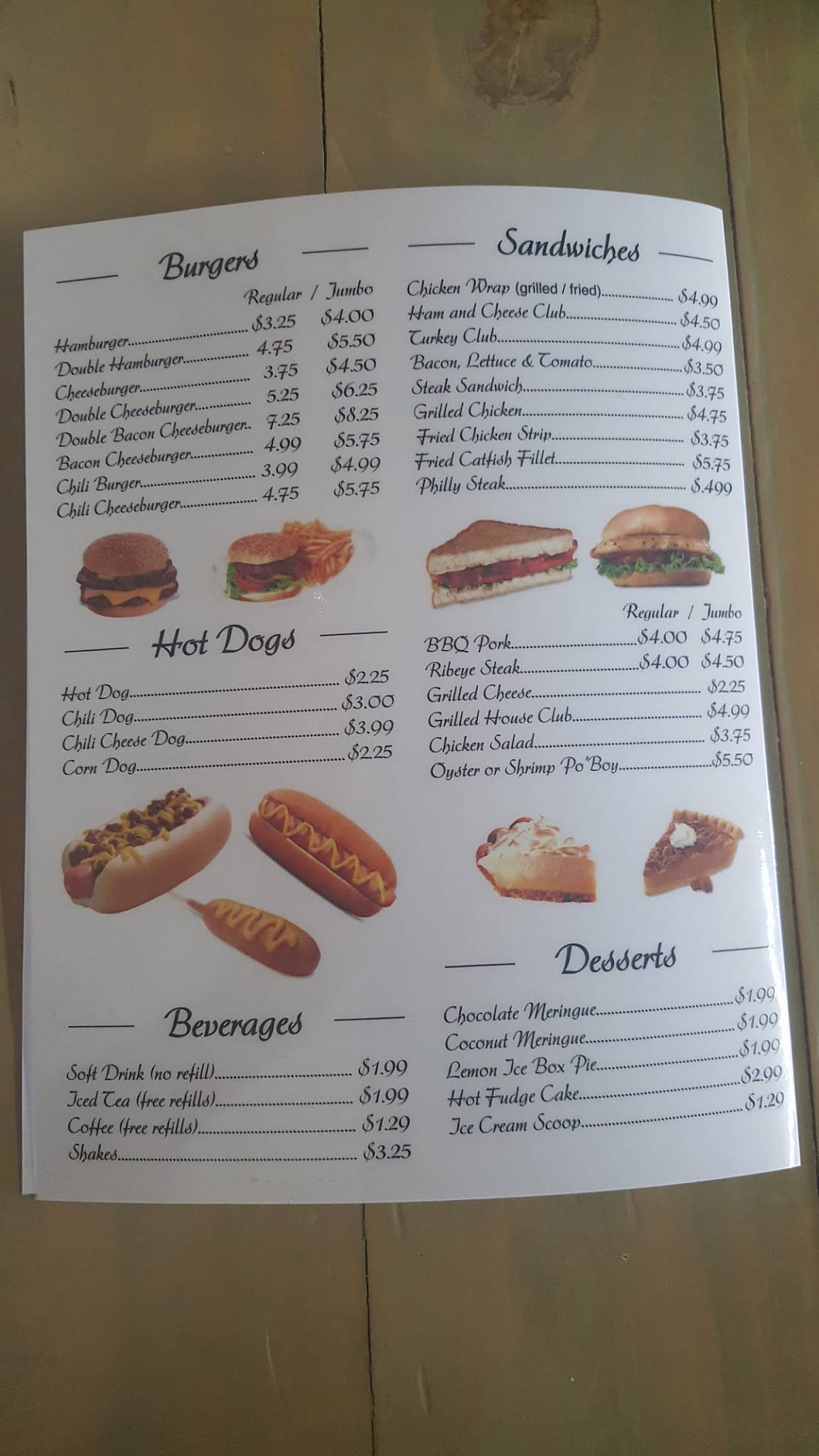 Menu at Ram Shack restaurant, Vardaman