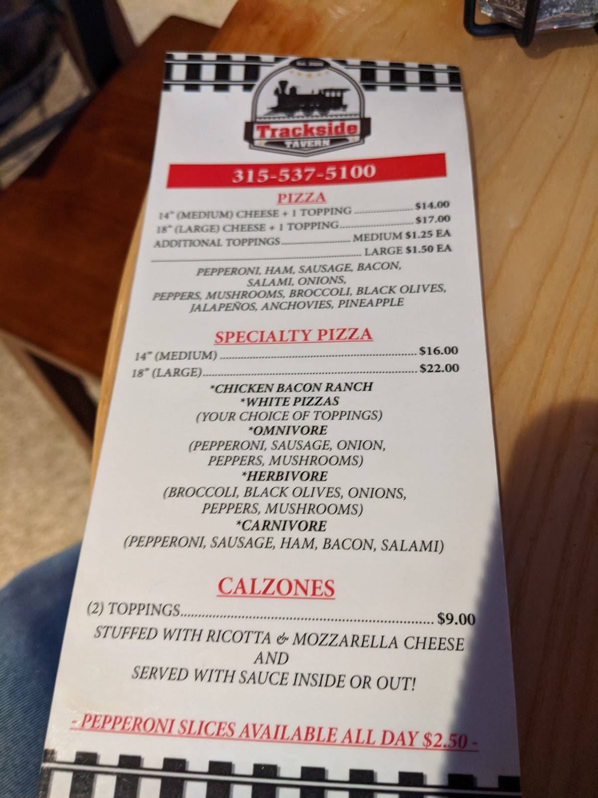 Menu at Trackside Tavern pub & bar, Harrisville