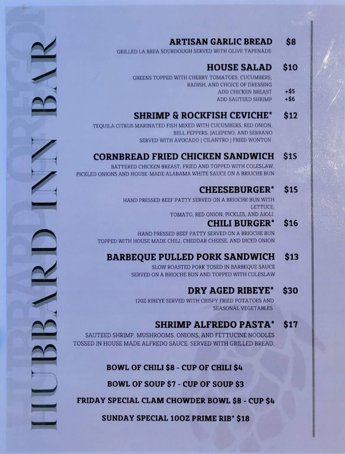 Menu at Hubbard Inn, Hubbard