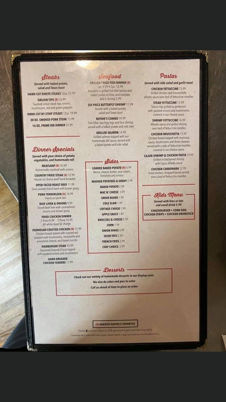 Menu at Ruthie's Family Restaurant, Rosebud