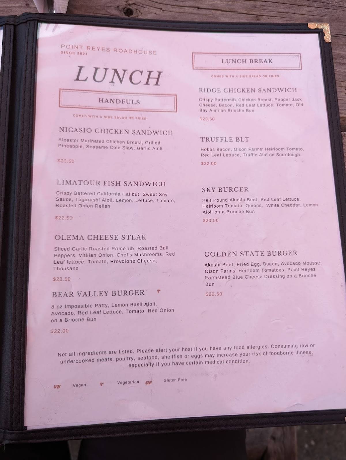 Menu at Point Reyes Roadhouse restaurant, Point Reyes Station