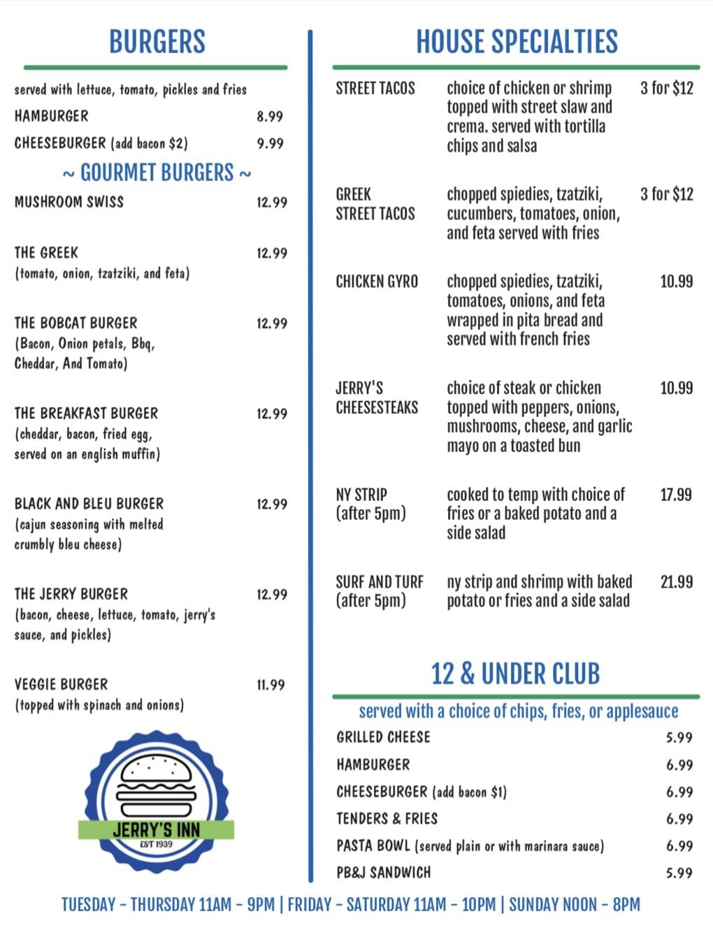 Menu at Jerry's Inn pub & bar, Bainbridge, 18 W Main St