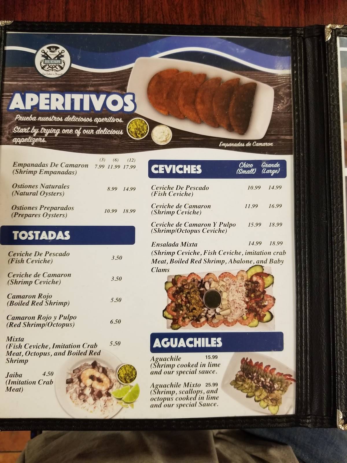 Menu at Mariscos El Capi restaurant, Arbuckle