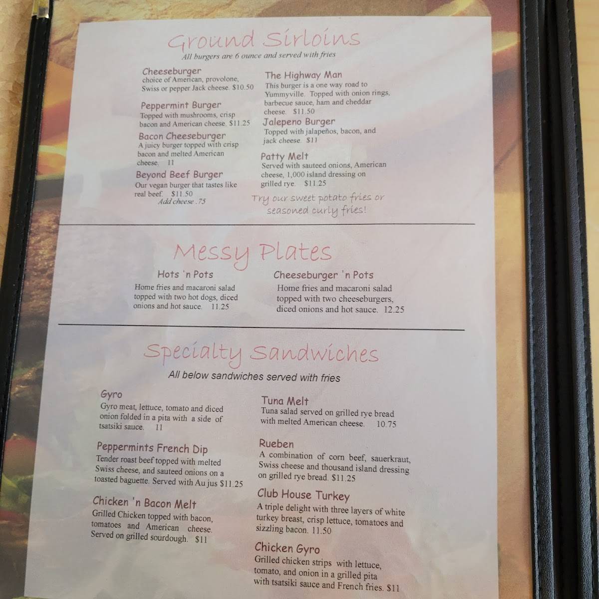 Menu at Peppermint's Restaurant, Avon