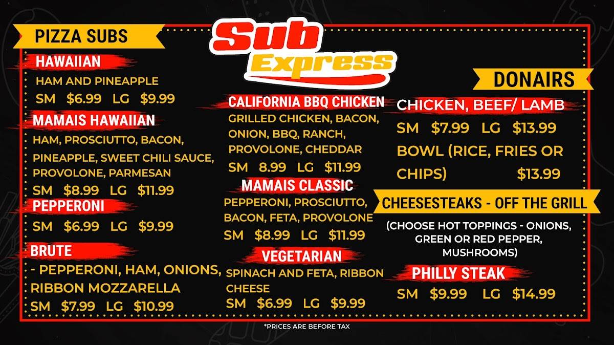 Menu at Sub Express cafe, Regina