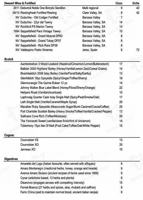Menu at Rising Sun Inn restaurant, Kensington